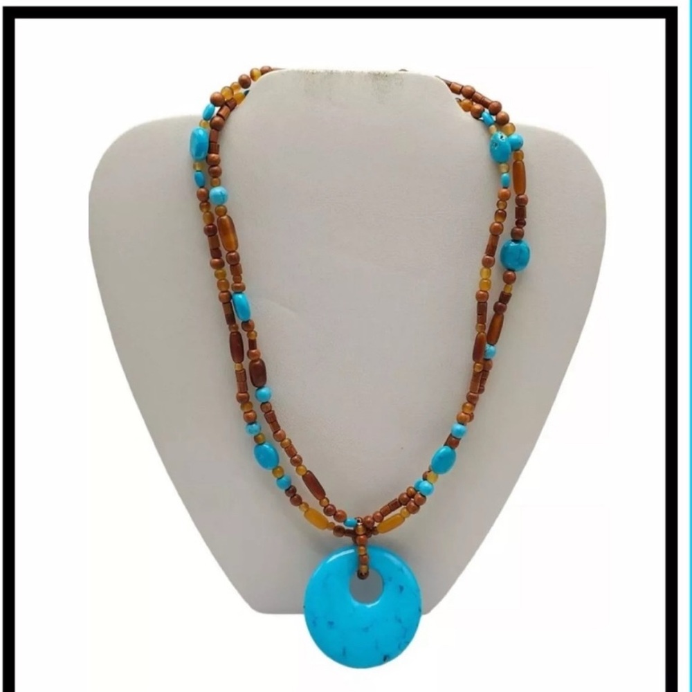 Boho Turquoise Statement Necklace Set Double Strand Pendant Earrings